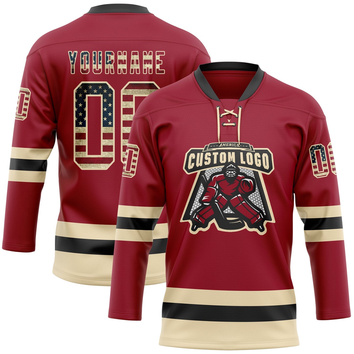 Custom Maroon Vintage USA Flag Cream-Black Hockey Lace Neck Jersey view 2