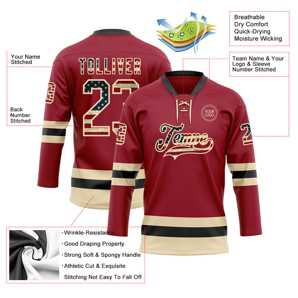 Custom Maroon Vintage USA Flag Cream-Black Hockey Lace Neck Jersey view 3