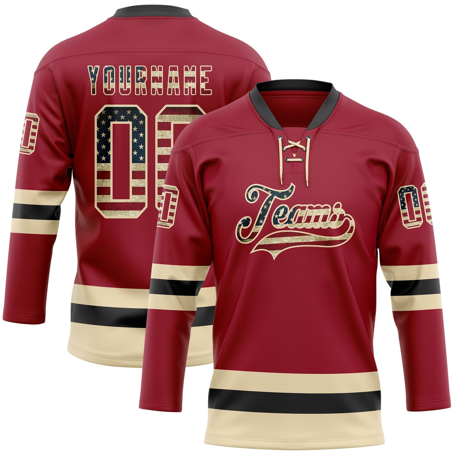 Custom Maroon Vintage USA Flag Cream-Black Hockey Lace Neck Jersey - Main View