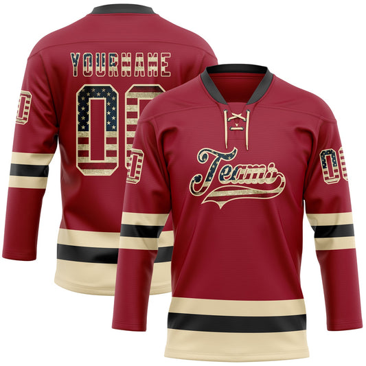 Custom Maroon Vintage USA Flag Cream-Black Hockey Lace Neck Jersey - Main View