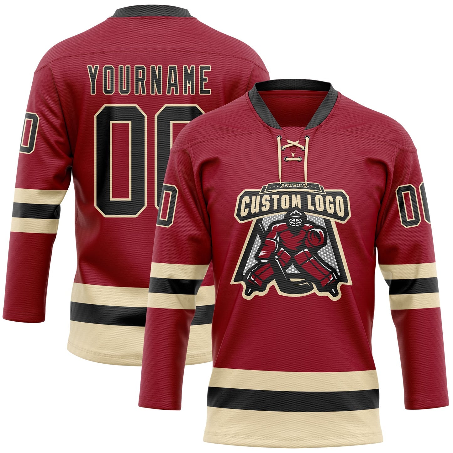 Custom Maroon Black-Cream Hockey Lace Neck Jersey view 2