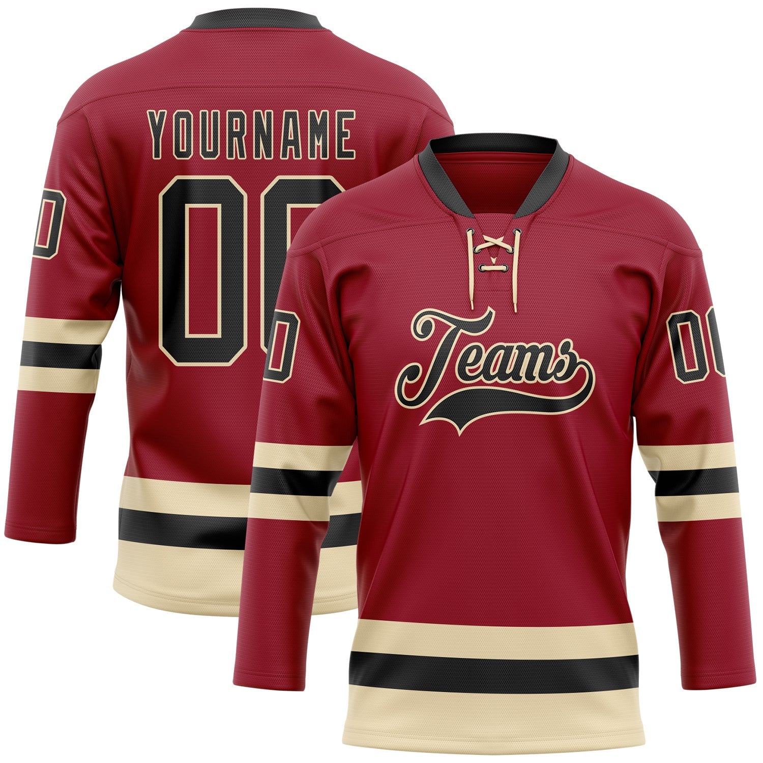 Custom Maroon Black-Cream Hockey Lace Neck Jersey - Main View