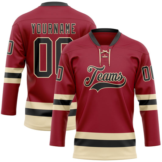 Custom Maroon Black-Cream Hockey Lace Neck Jersey - Main View