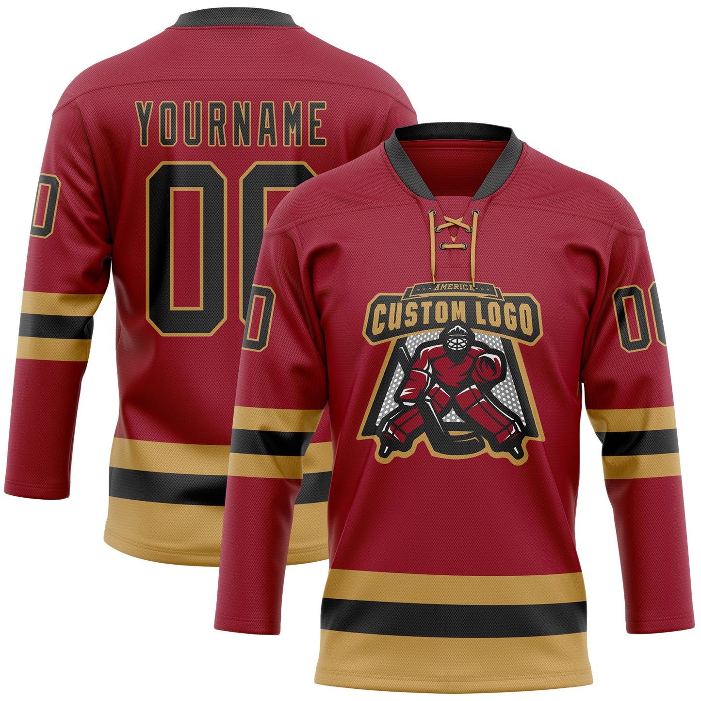 Custom Maroon Black-Old Gold Hockey Lace Neck Jersey view 2
