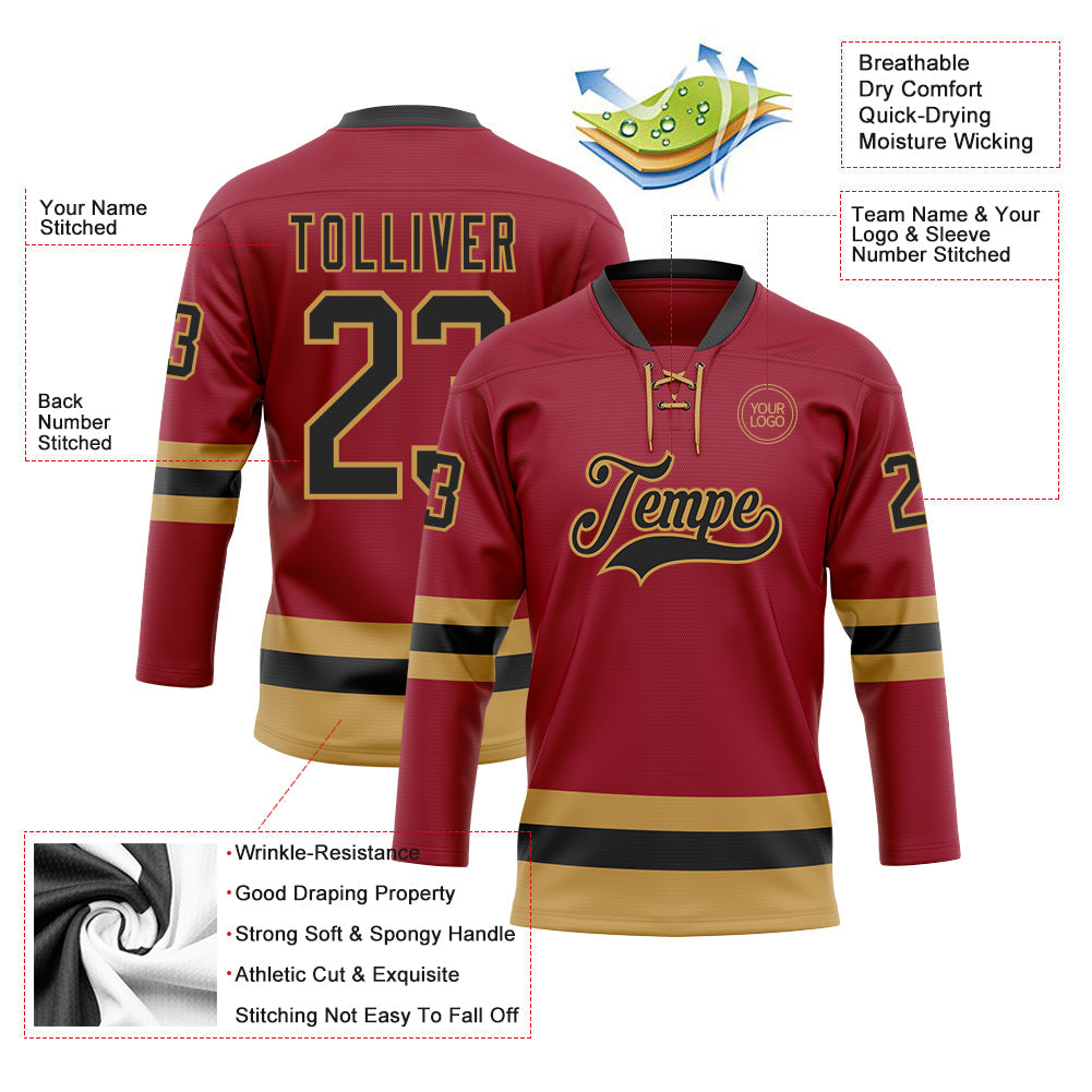 Custom Maroon Black-Old Gold Hockey Lace Neck Jersey view 3