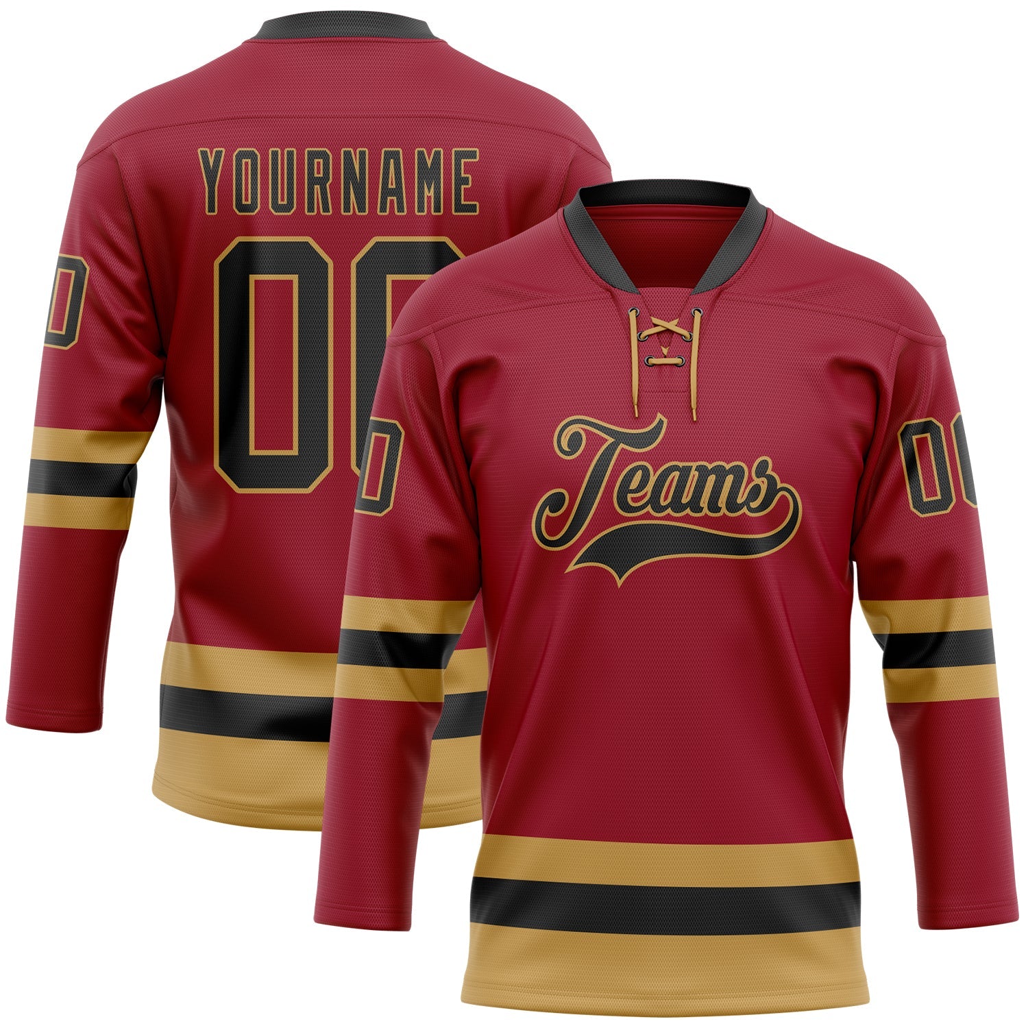 Custom Maroon Black-Old Gold Hockey Lace Neck Jersey - Main View