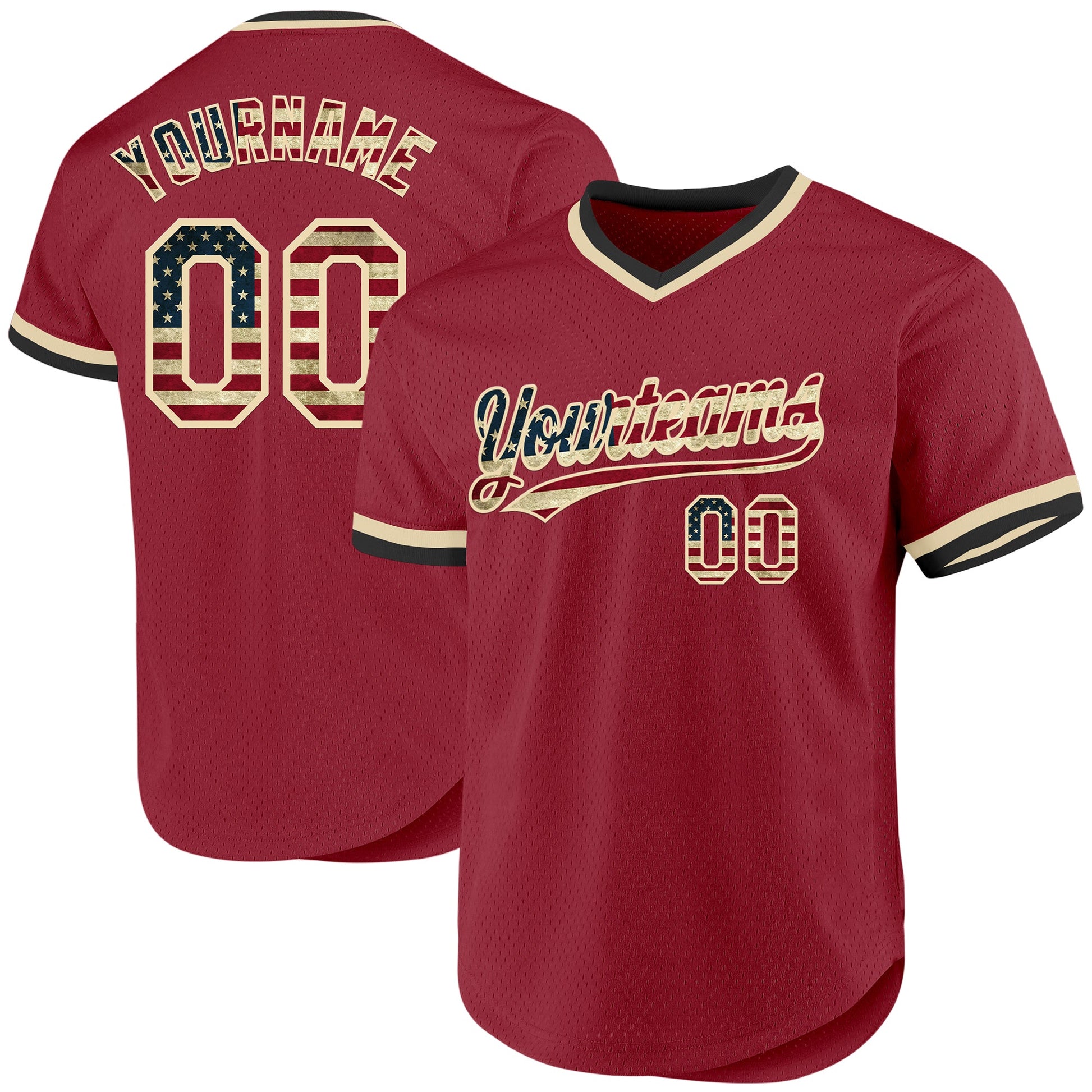 Custom Maroon Vintage USA Flag Cream-Black Authentic Throwback Baseball Jersey - Main View