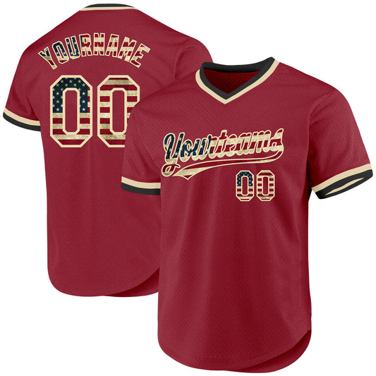 Custom Maroon Vintage USA Flag Cream-Black Authentic Throwback Baseball Jersey - Main View