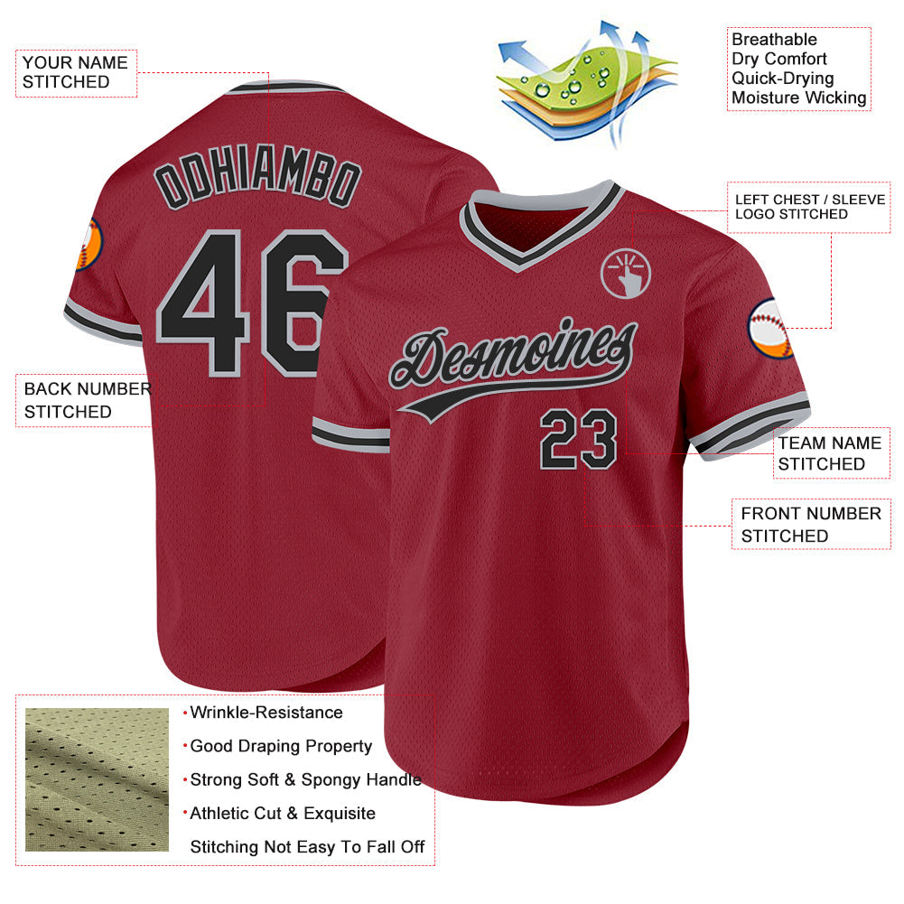 Custom Maroon Black-Gray Authentic Throwback Baseball Jersey view 3
