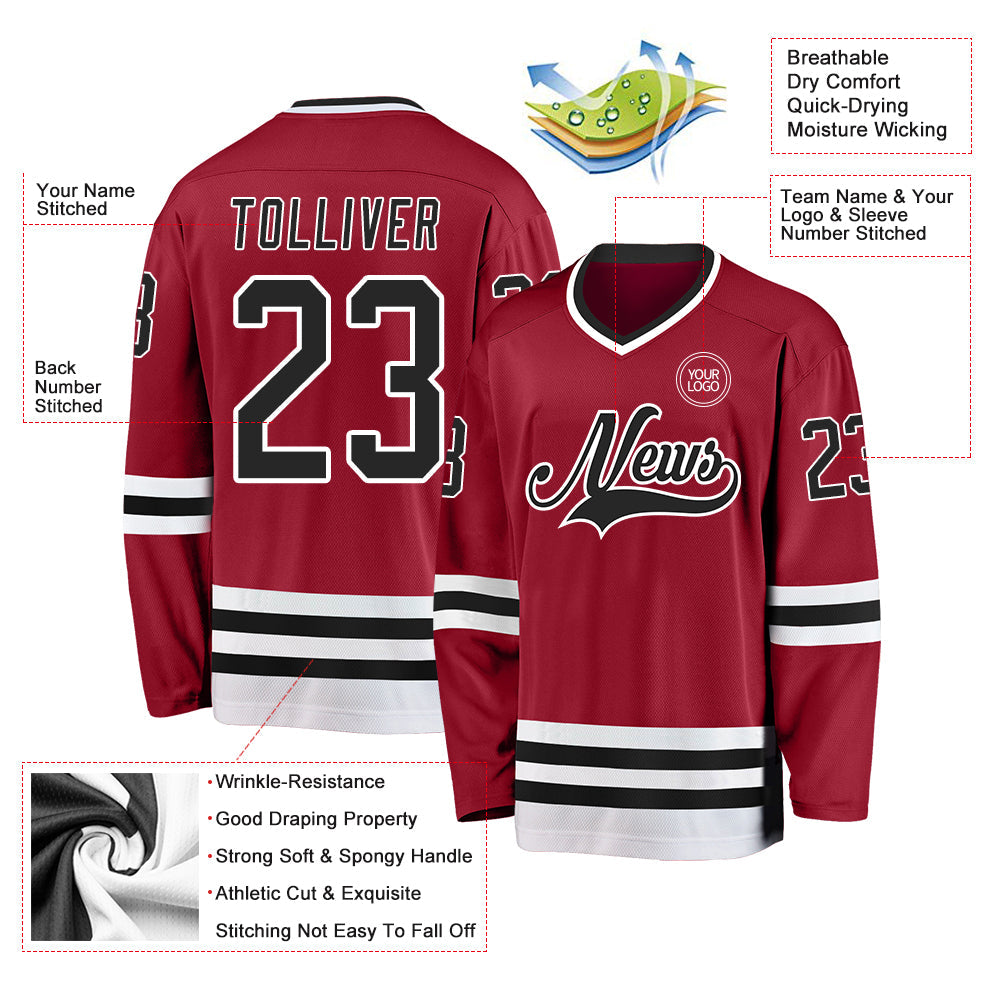 Custom Maroon Black-White Hockey Jersey view 3