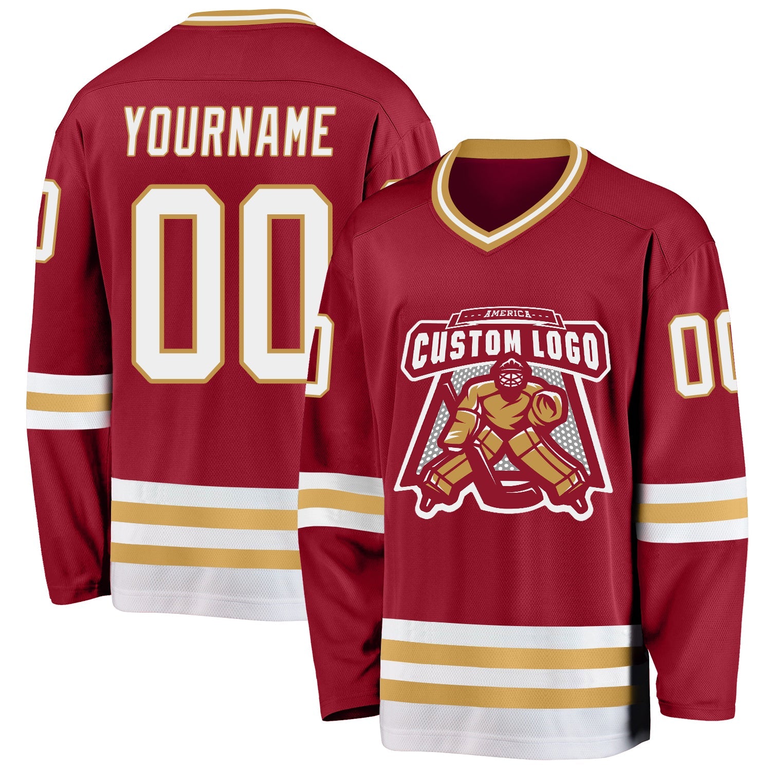 Custom Maroon White-Old Gold Hockey Jersey view 2