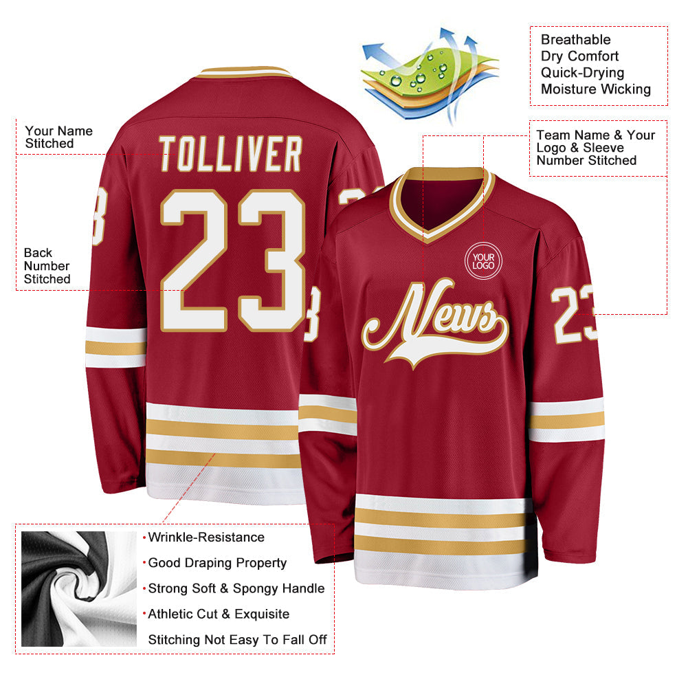 Custom Maroon White-Old Gold Hockey Jersey view 3