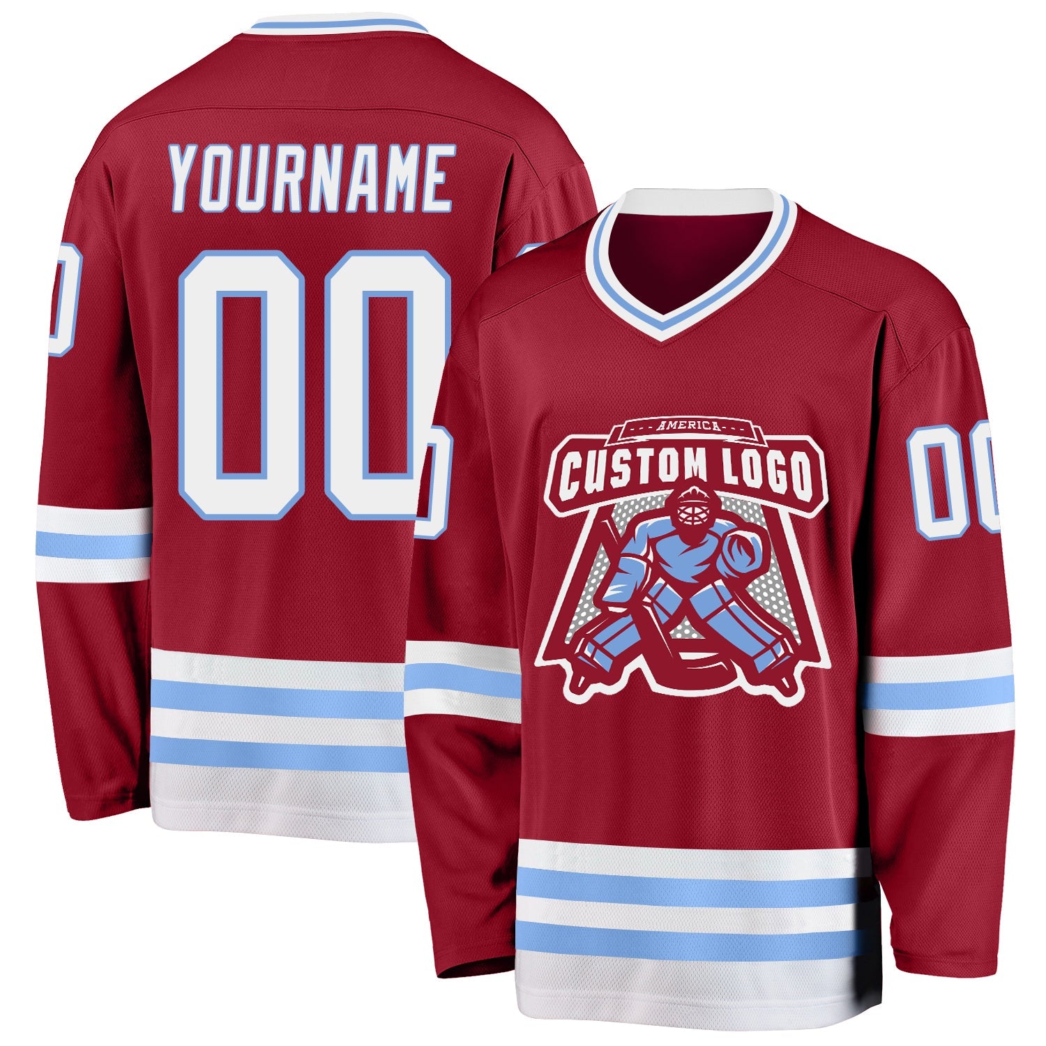Custom Maroon White-Light Blue Hockey Jersey view 2