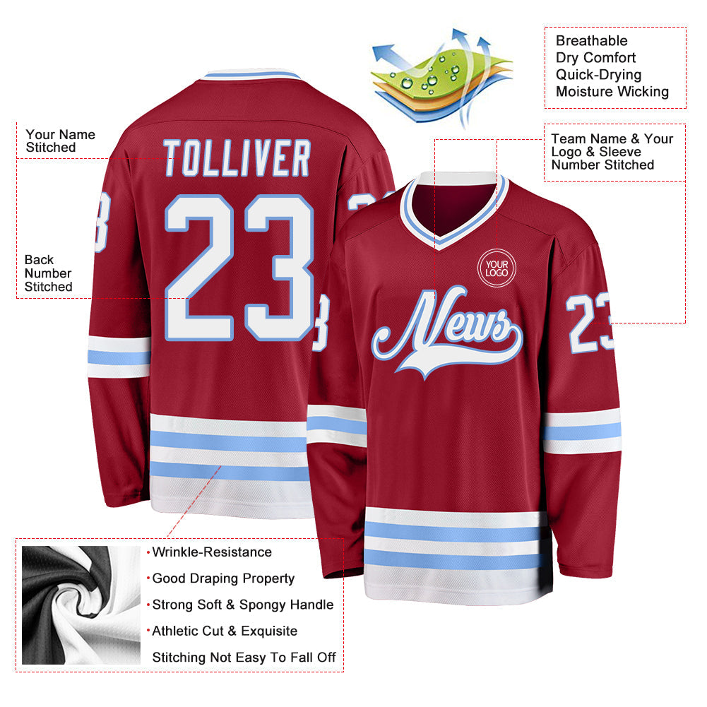 Custom Maroon White-Light Blue Hockey Jersey view 3