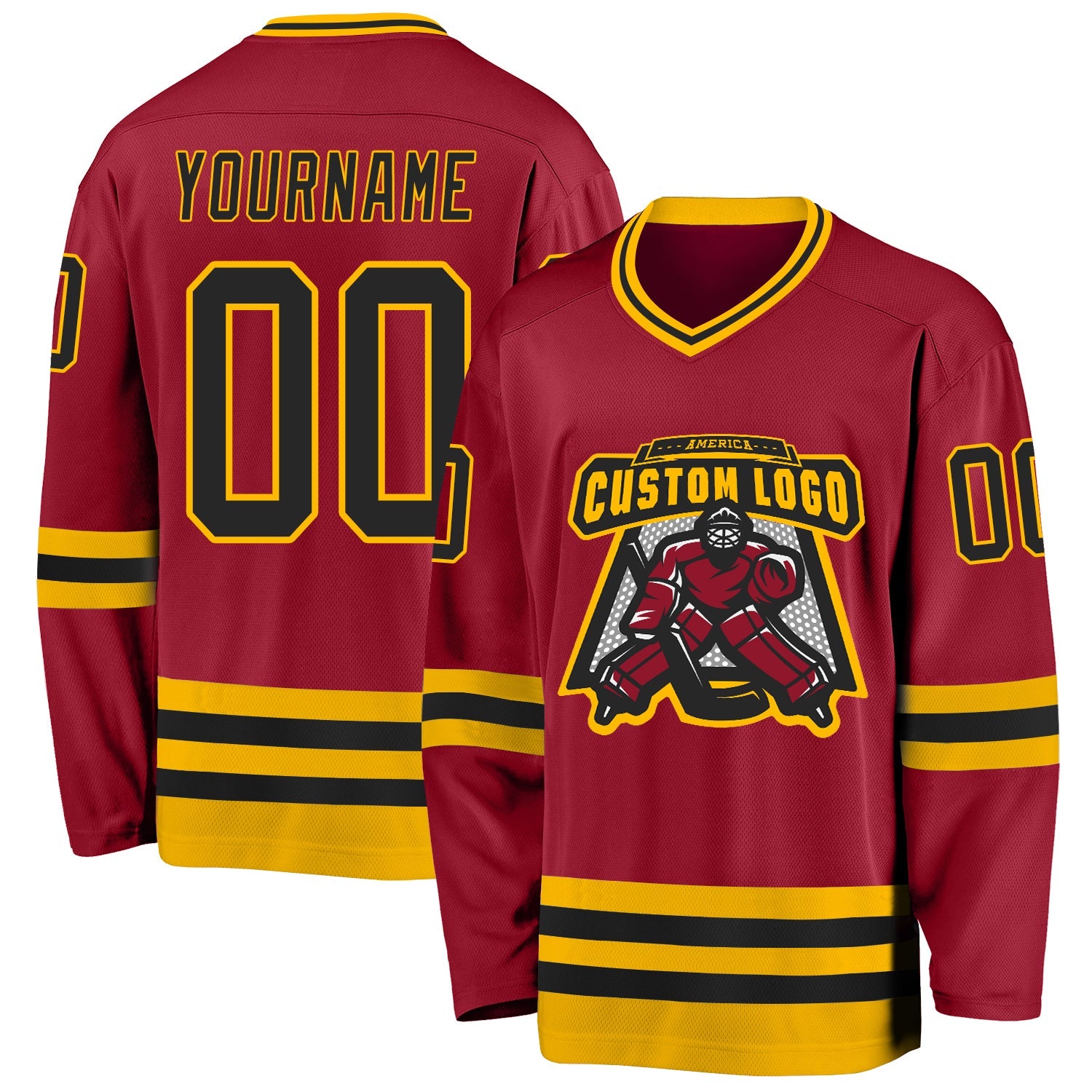 Custom Maroon Black-Gold Hockey Jersey view 2