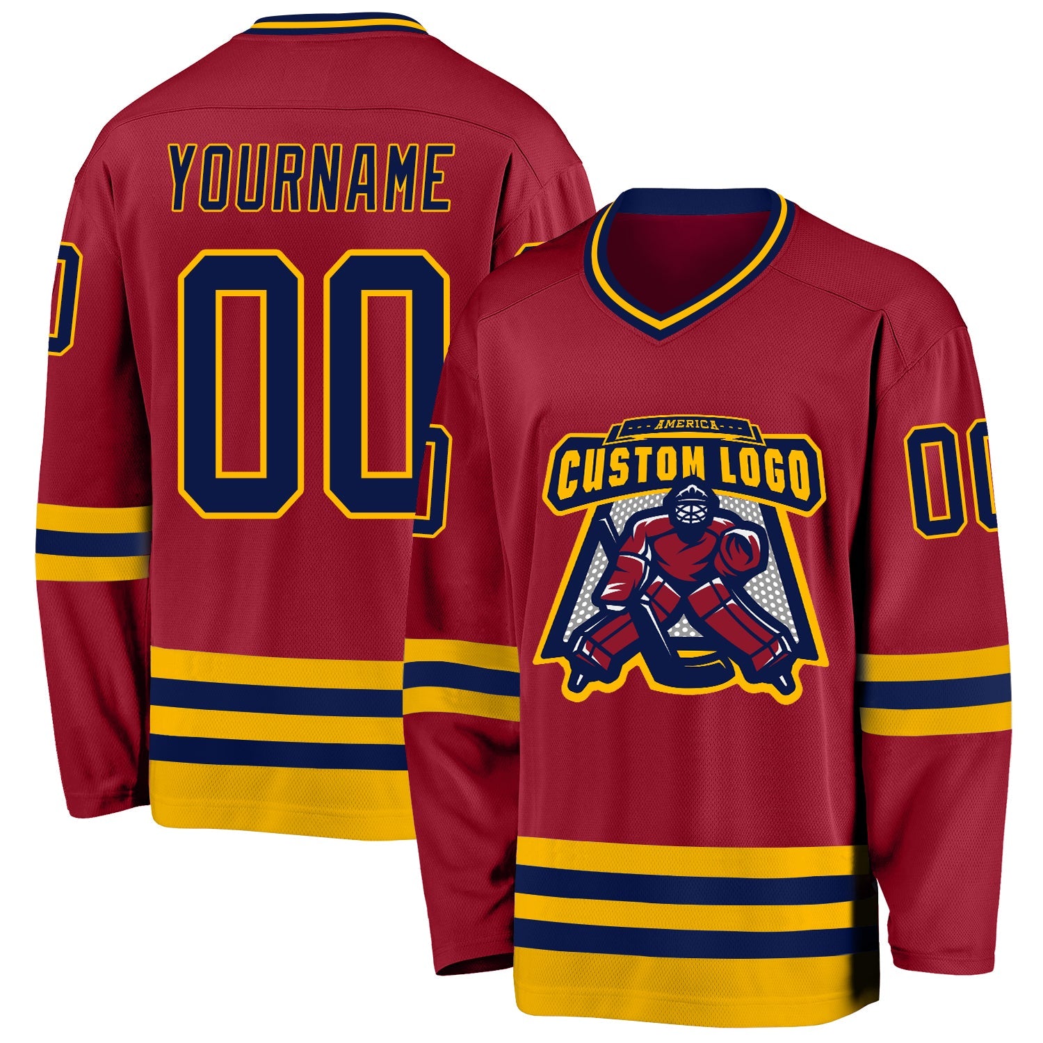 Custom Maroon Navy-Gold Hockey Jersey view 2