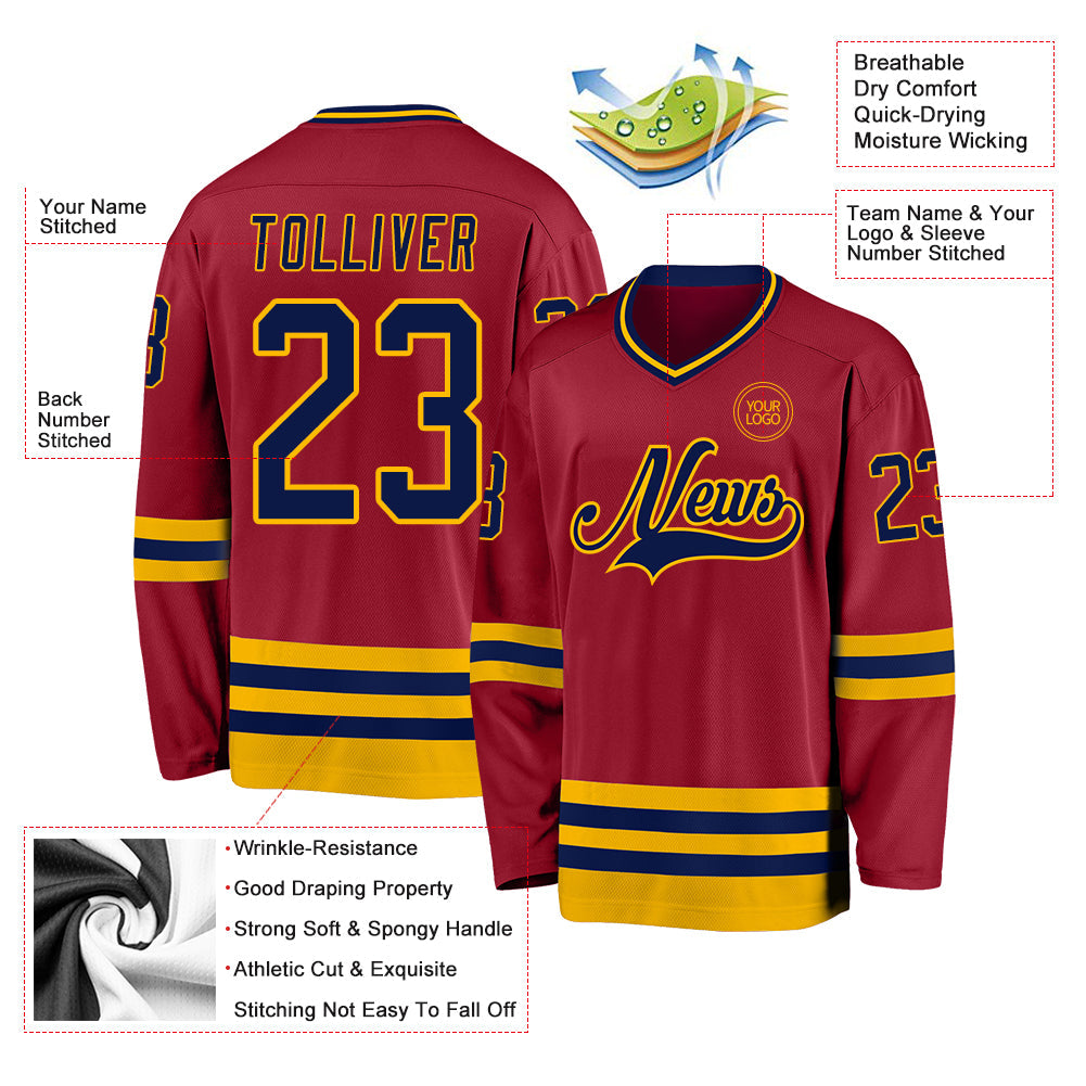 Custom Maroon Navy-Gold Hockey Jersey view 3