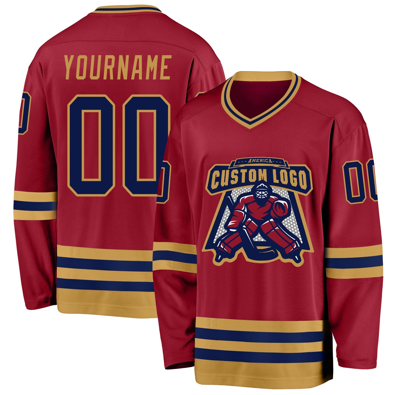 Custom Maroon Navy-Old Gold Hockey Jersey view 2