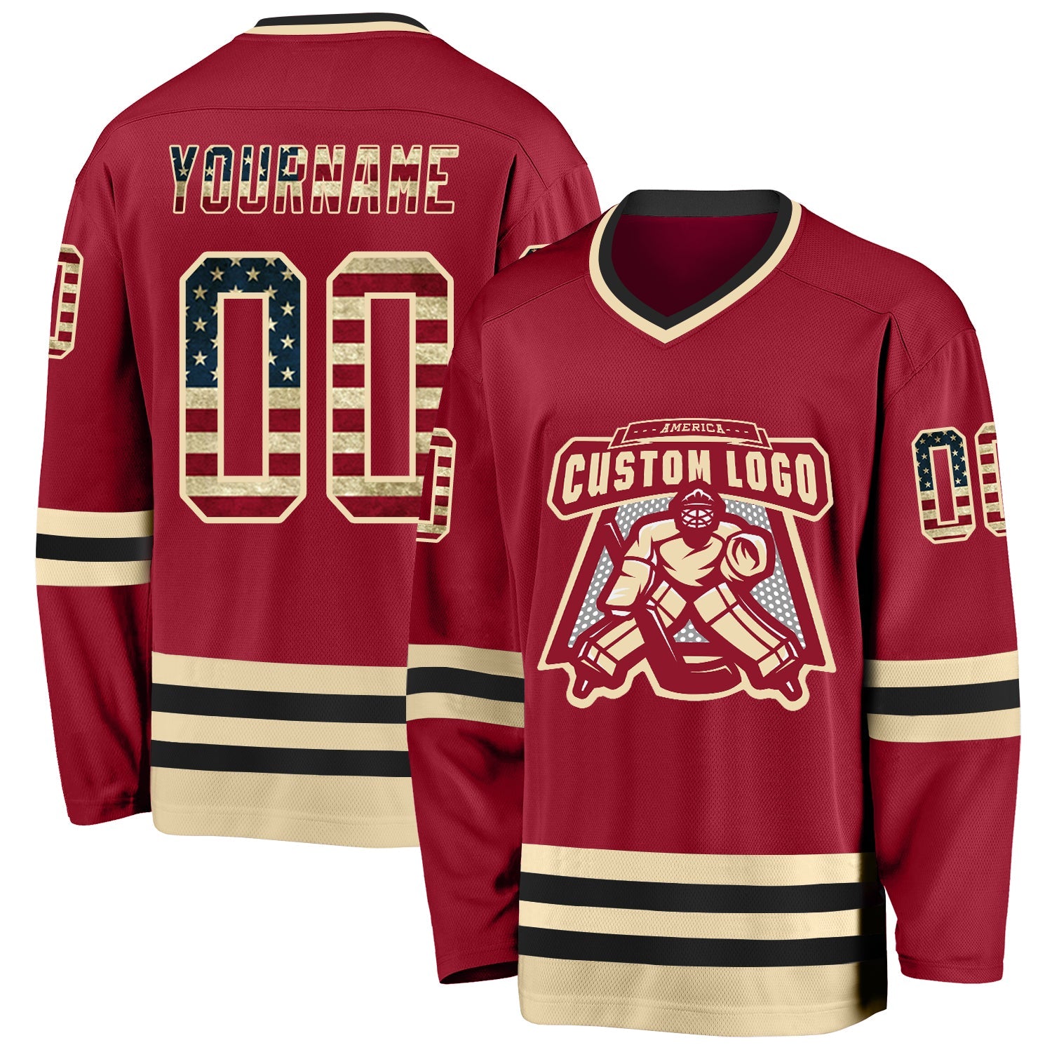 Custom Maroon Vintage USA Flag Cream-Black Hockey Jersey view 2