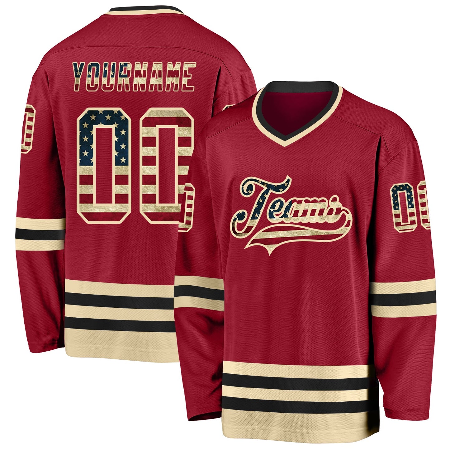 Custom Maroon Vintage USA Flag Cream-Black Hockey Jersey - Main View