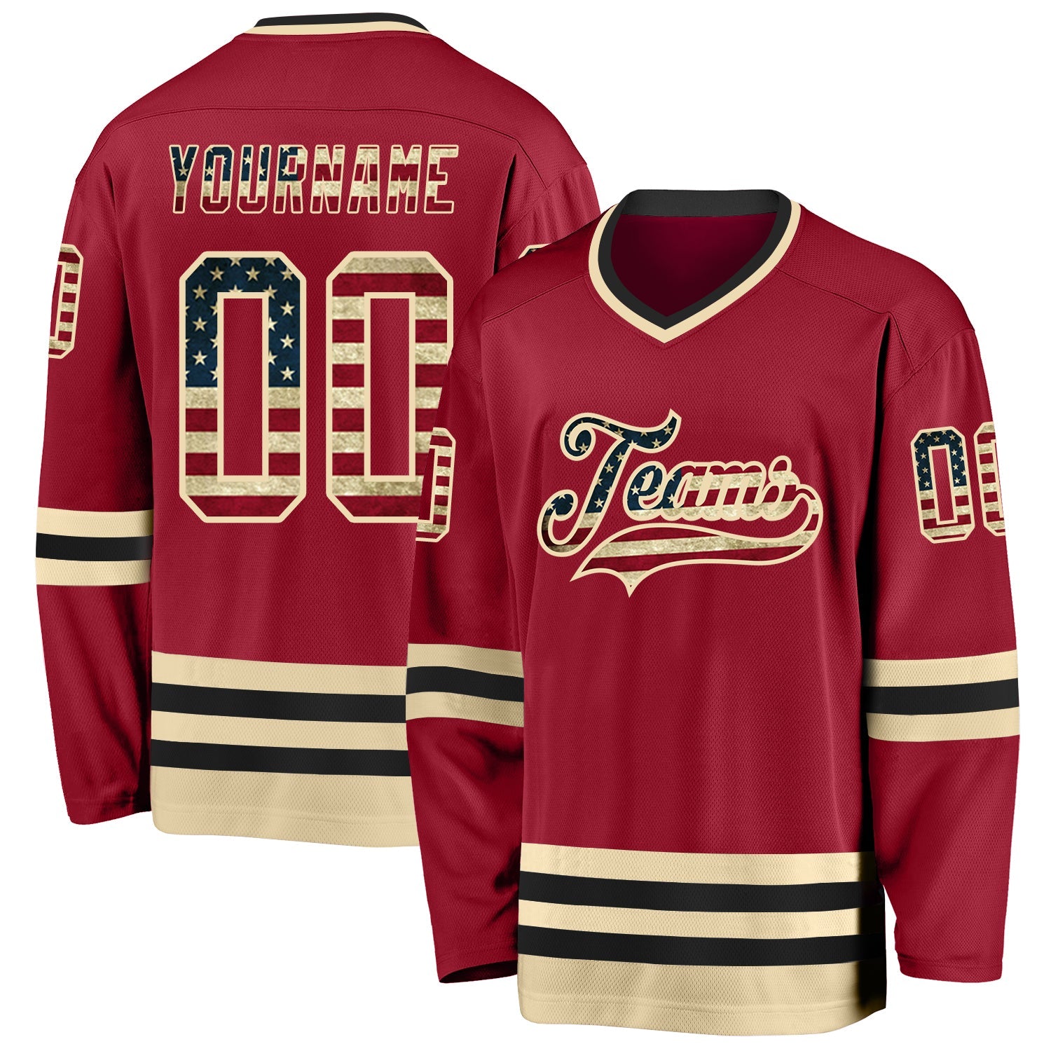 Custom Maroon Vintage USA Flag Cream-Black Hockey Jersey - Main View