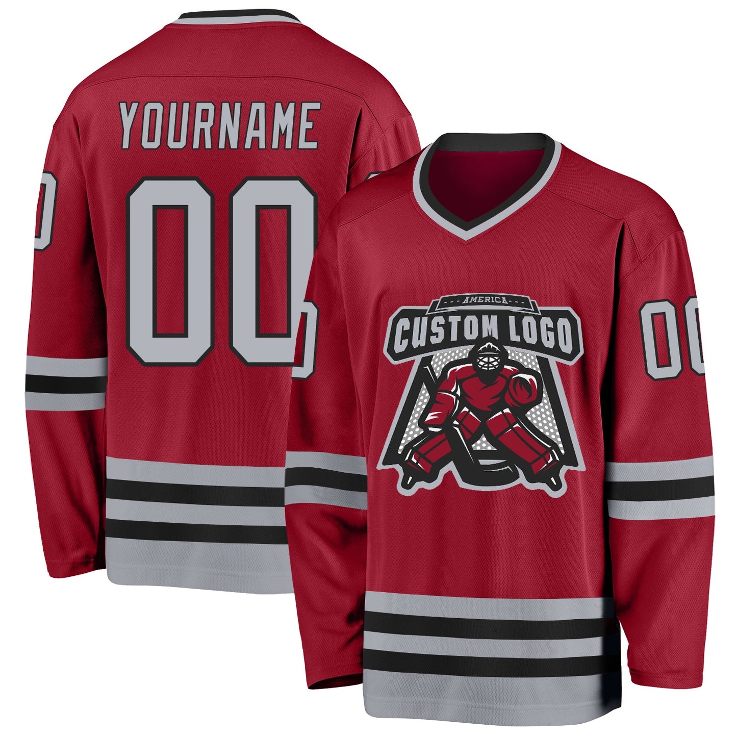 Custom Maroon Gray-Black Hockey Jersey view 2