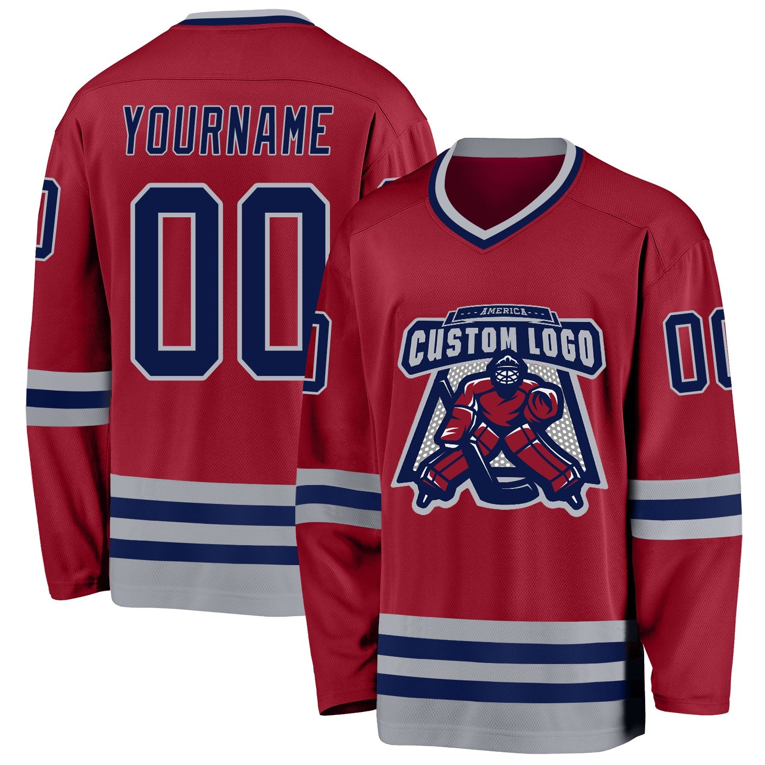 Custom Maroon Navy-Gray Hockey Jersey view 2