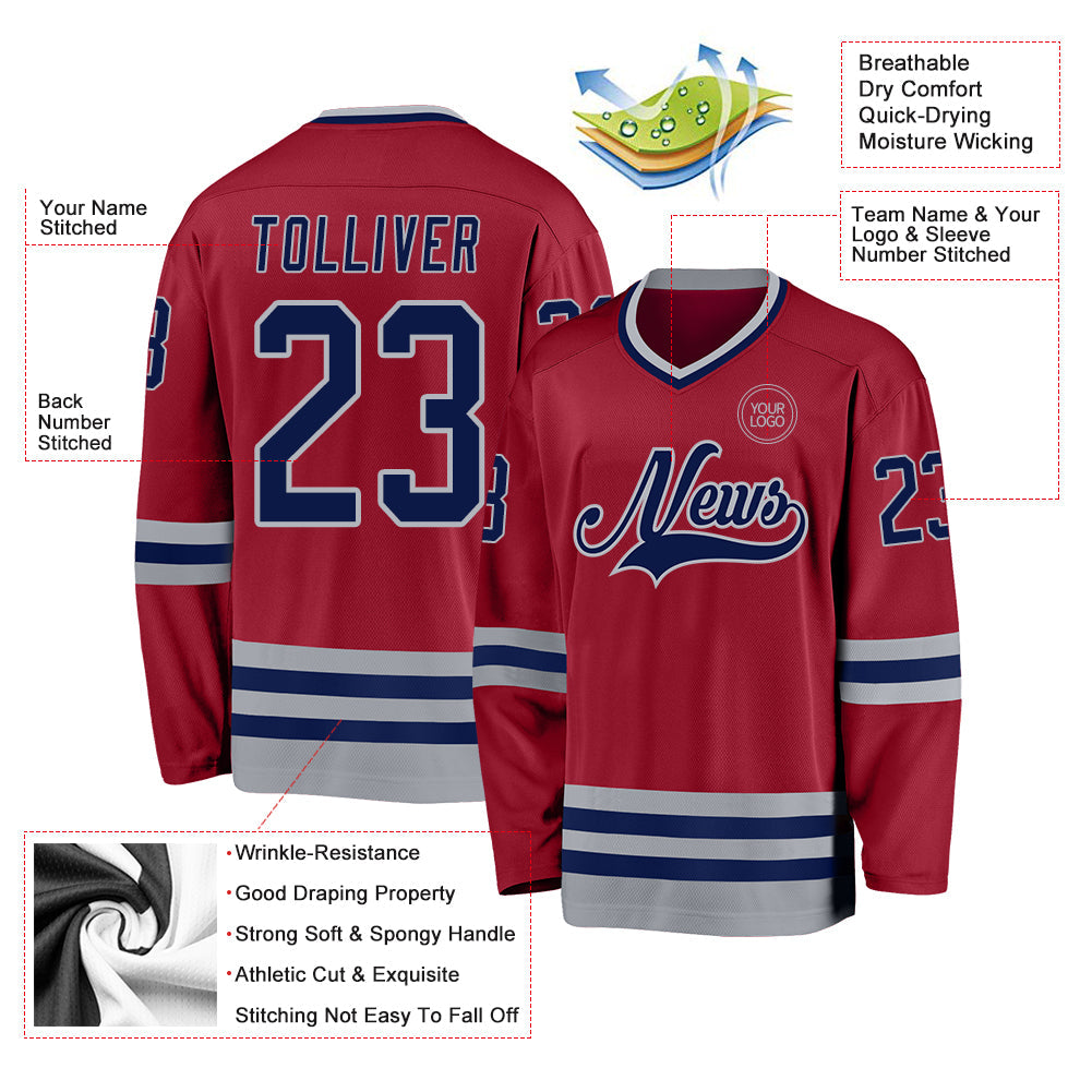 Custom Maroon Navy-Gray Hockey Jersey view 3