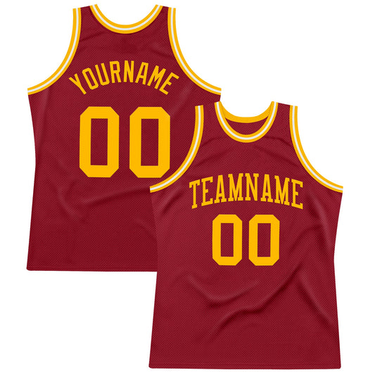 Custom Maroon Gold-White Authentic Throwback Basketball Jersey - Main View