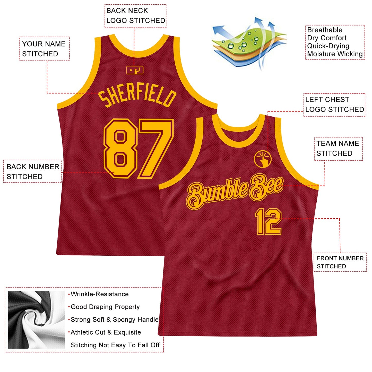 Custom Maroon Gold Authentic Throwback Basketball Jersey view 2