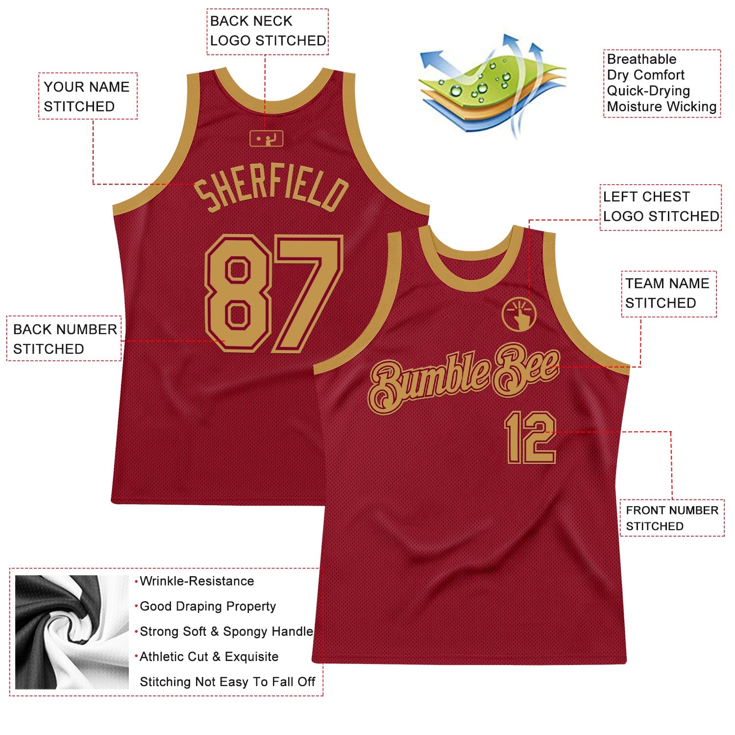Custom Maroon Old Gold Authentic Throwback Basketball Jersey view 2