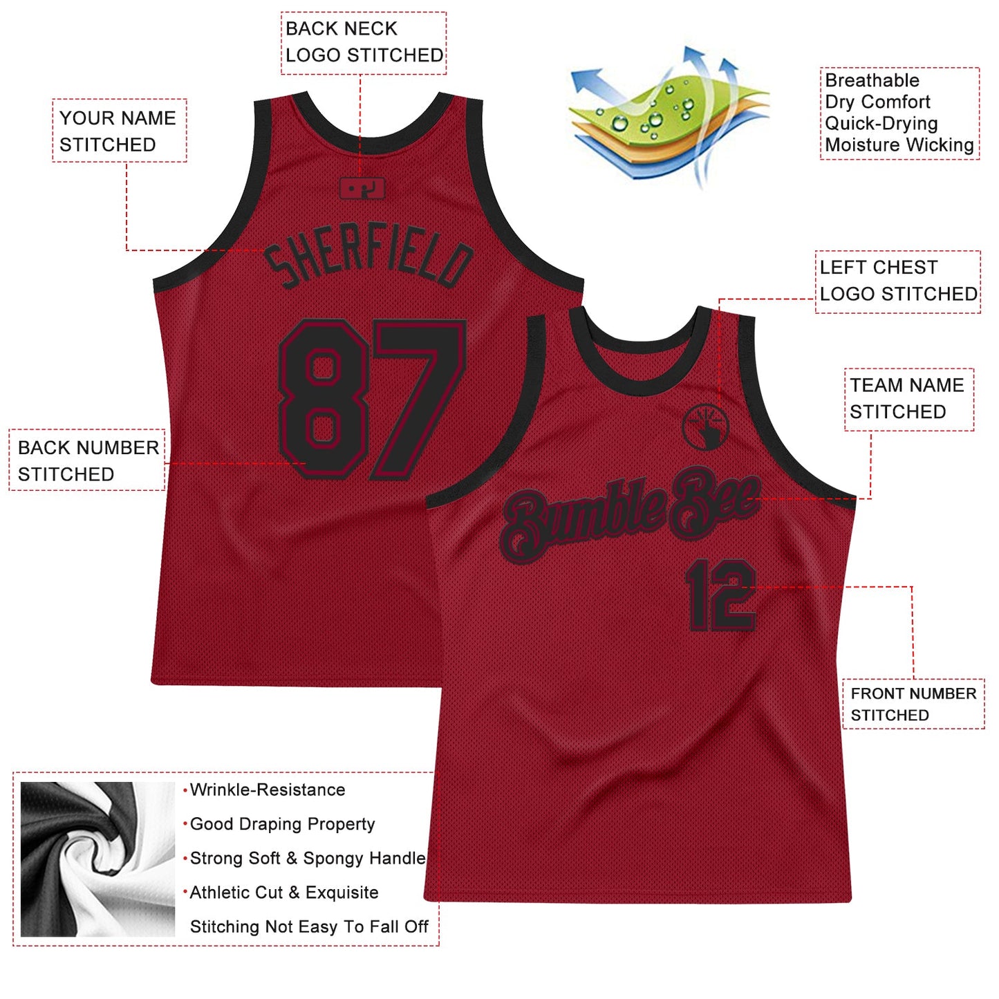 Custom Maroon Black Authentic Throwback Basketball Jersey view 2