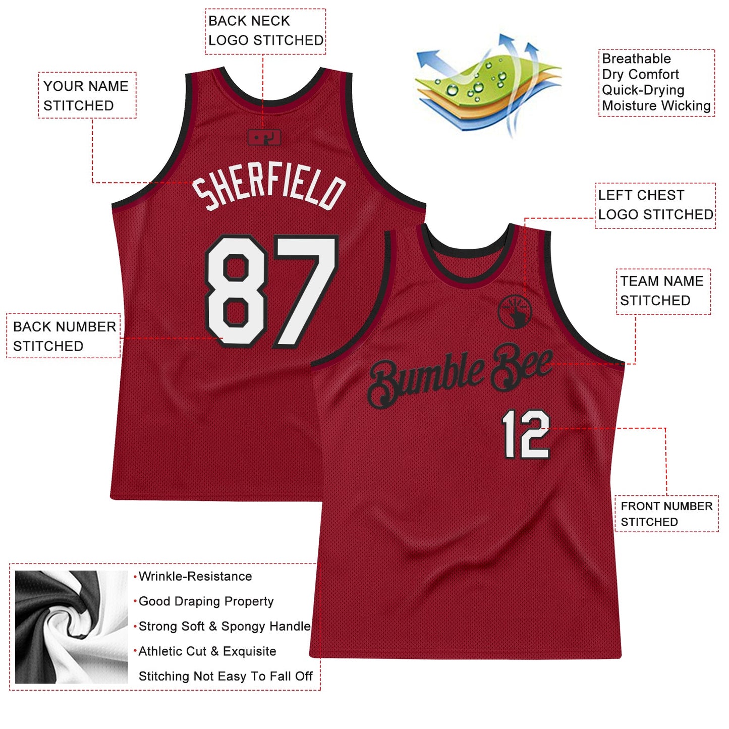 Custom Maroon White-Black Authentic Throwback Basketball Jersey view 2