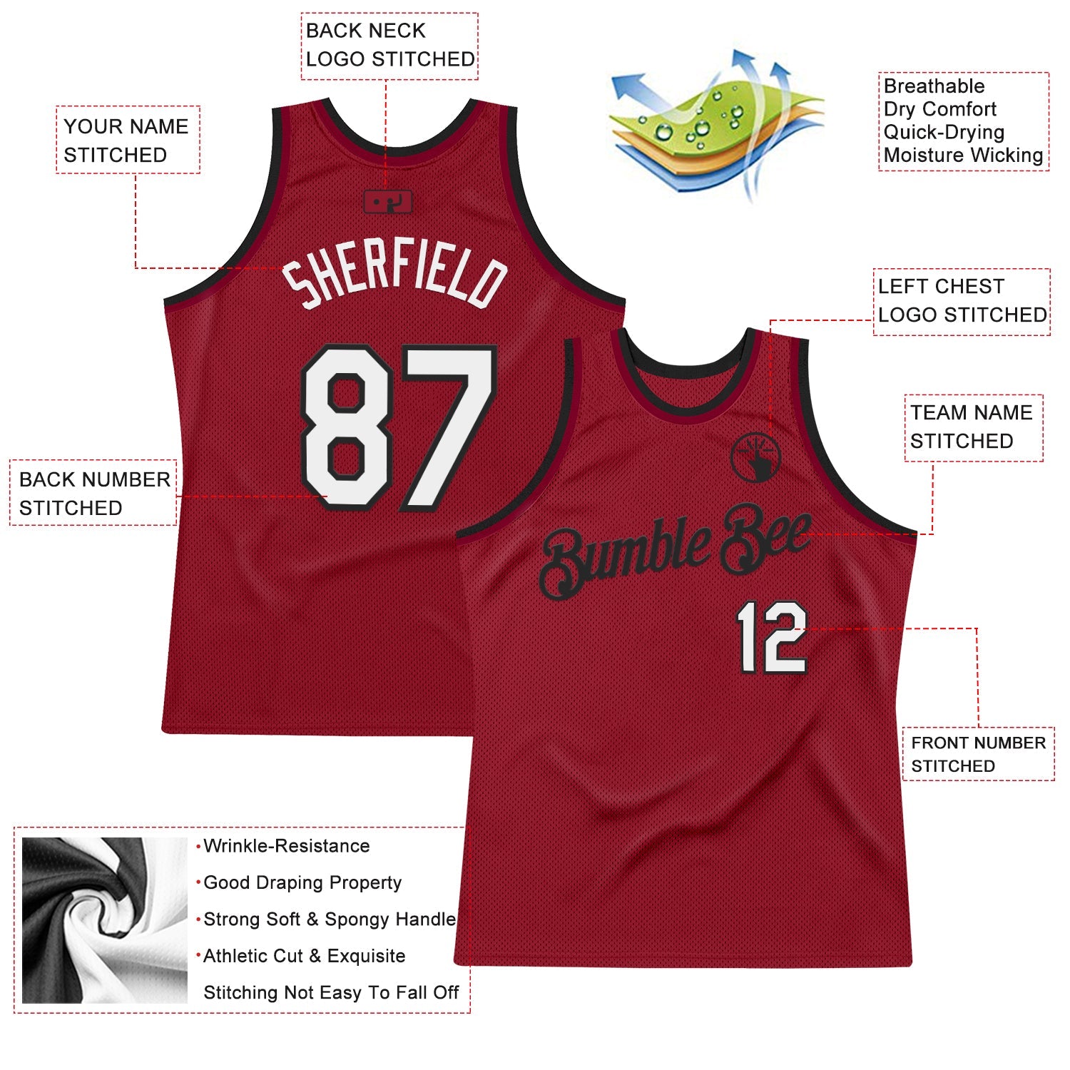 Custom Maroon White-Black Authentic Throwback Basketball Jersey view 2