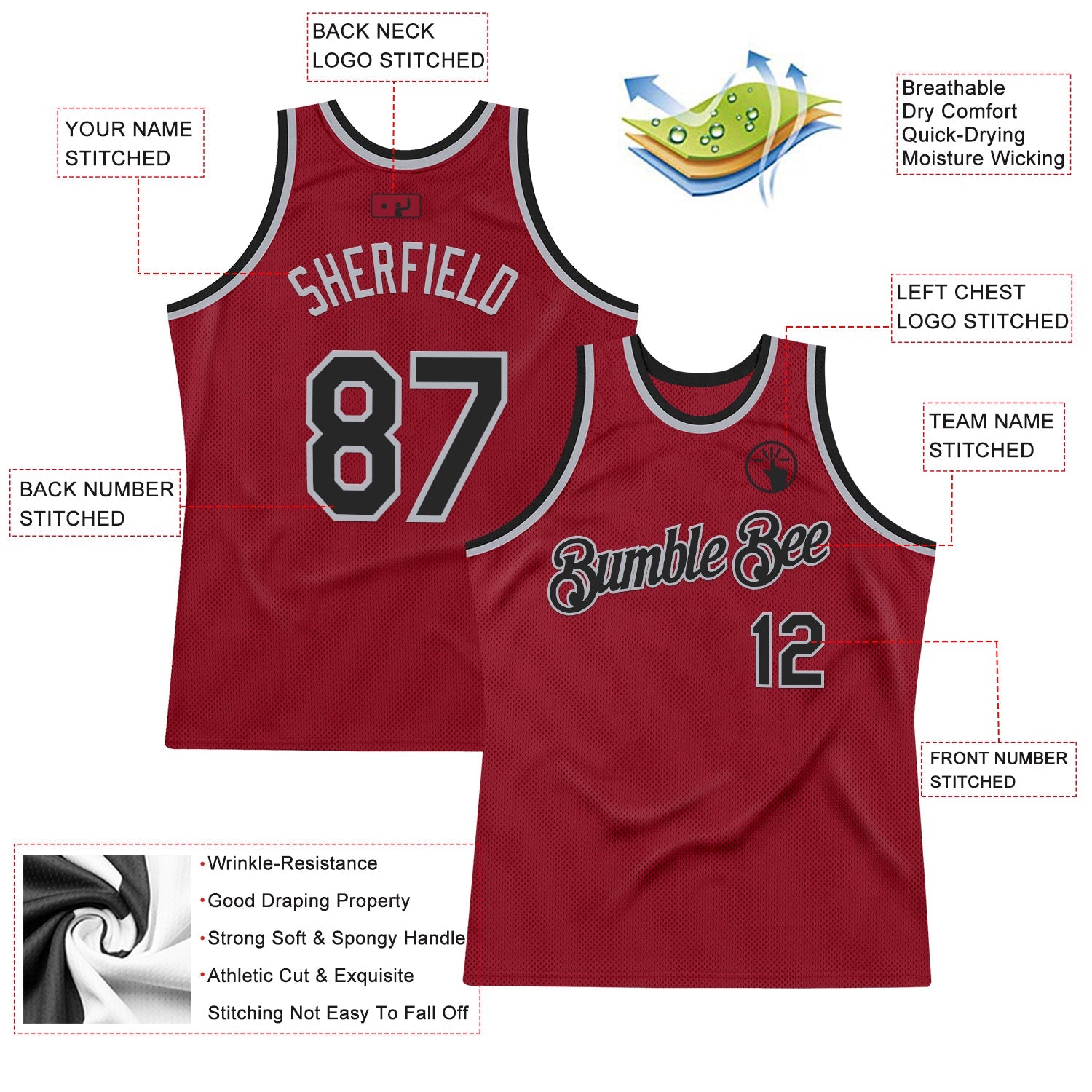 Custom Maroon Black-Gray Authentic Throwback Basketball Jersey view 2