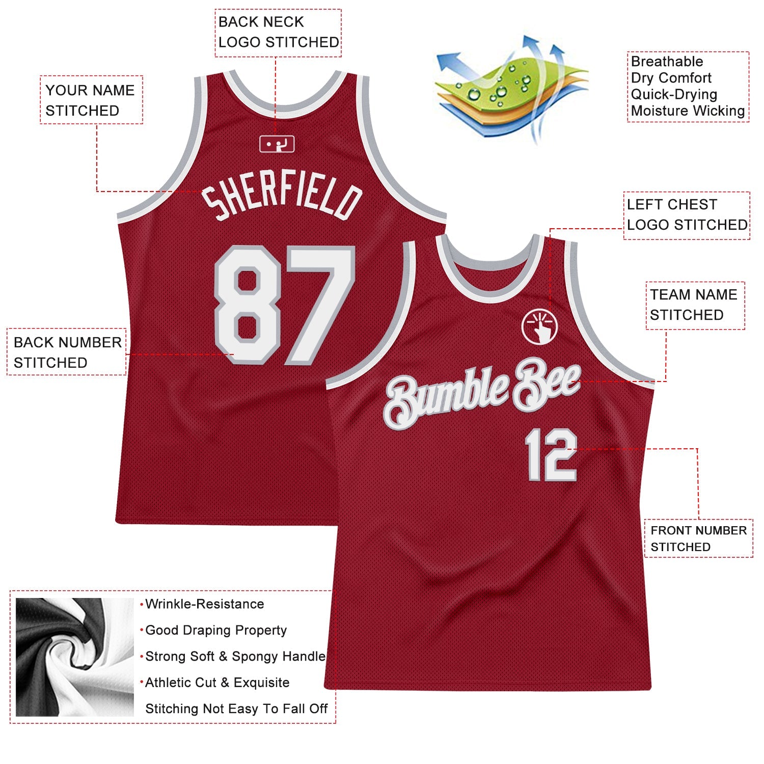 Custom Maroon White-Gray Authentic Throwback Basketball Jersey view 2