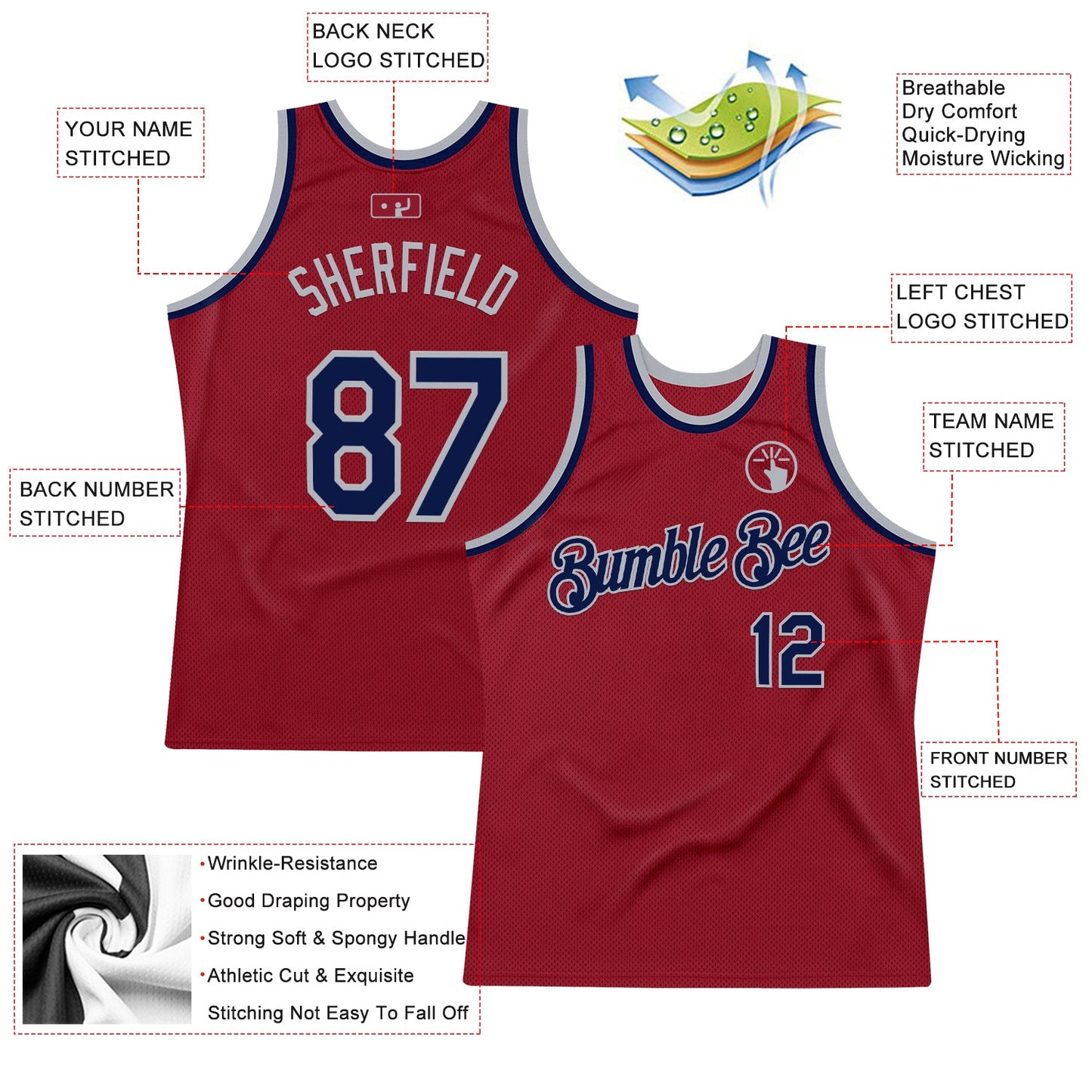 Custom Maroon Navy-Gray Authentic Throwback Basketball Jersey view 2