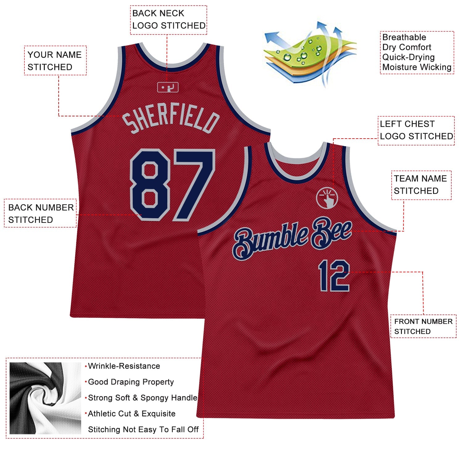 Custom Maroon Navy-Gray Authentic Throwback Basketball Jersey view 2