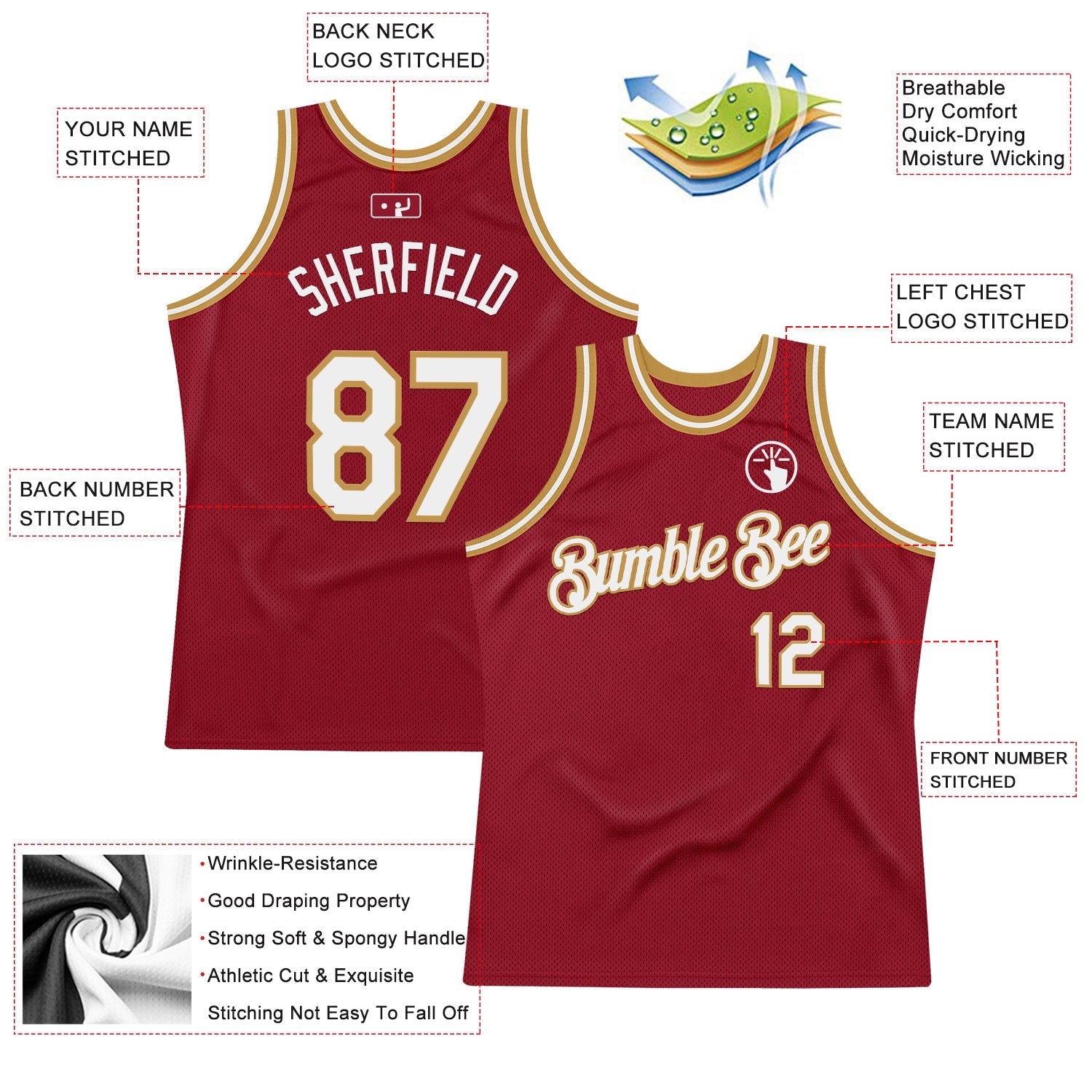 Custom Maroon White-Old Gold Authentic Throwback Basketball Jersey view 2