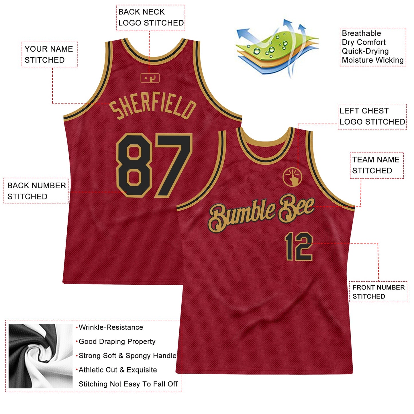 Custom Maroon Black-Old Gold Authentic Throwback Basketball Jersey view 2