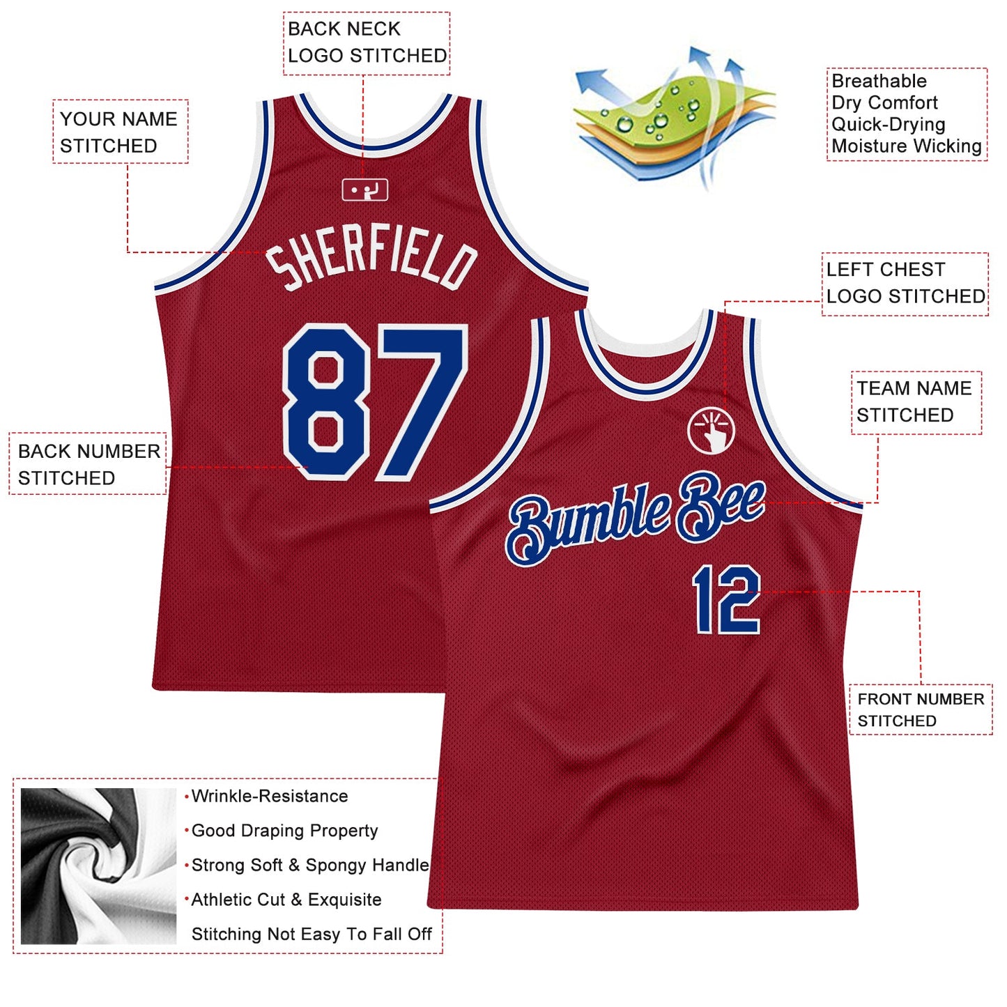 Custom Maroon Royal-White Authentic Throwback Basketball Jersey view 2