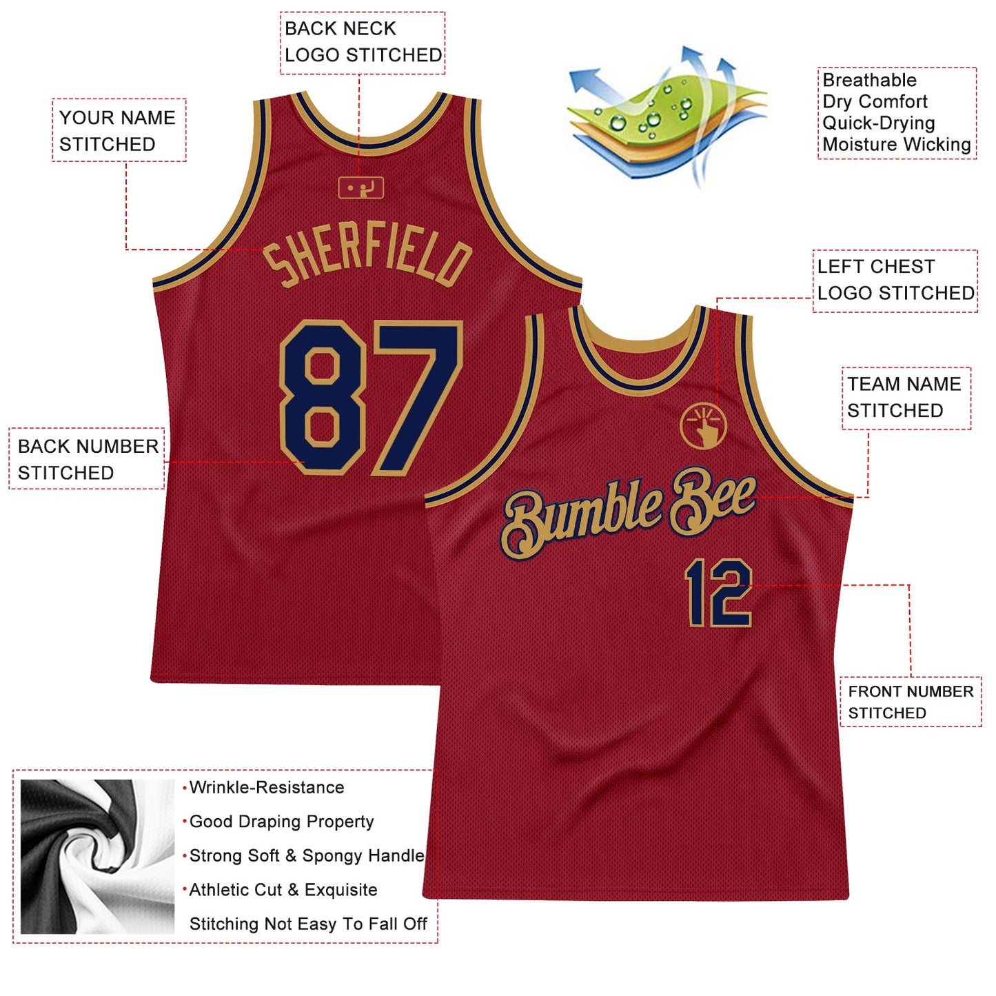 Custom Maroon Navy-Old Gold Authentic Throwback Basketball Jersey view 2