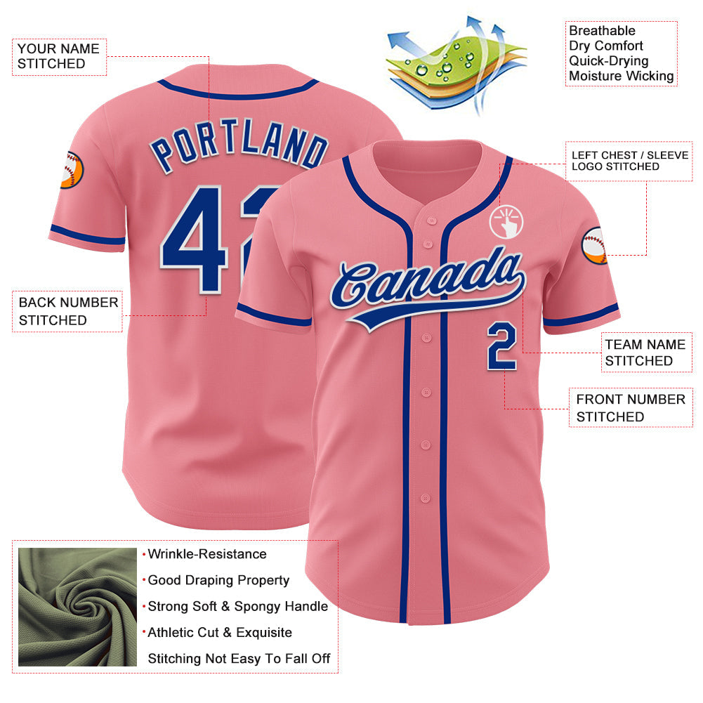 Custom Medium Pink Royal-White Authentic Baseball Jersey view 3