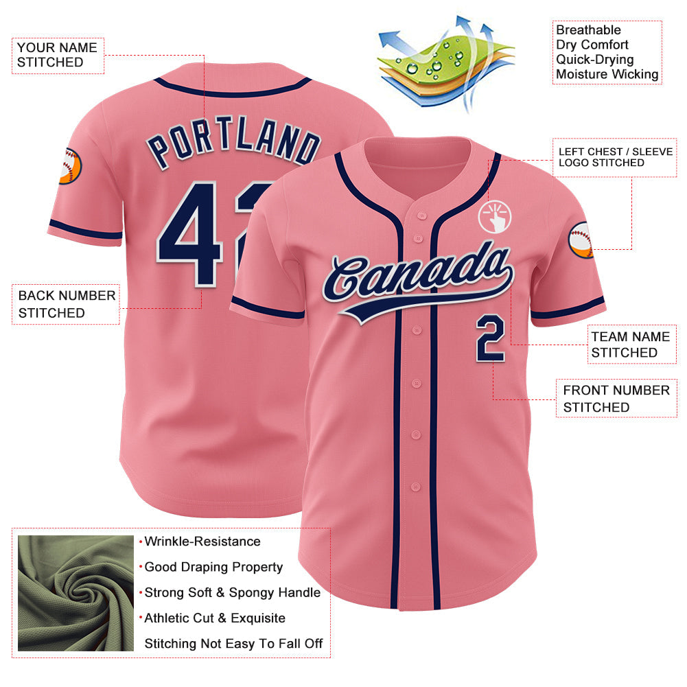 Custom Medium Pink Navy-White Authentic Baseball Jersey view 3