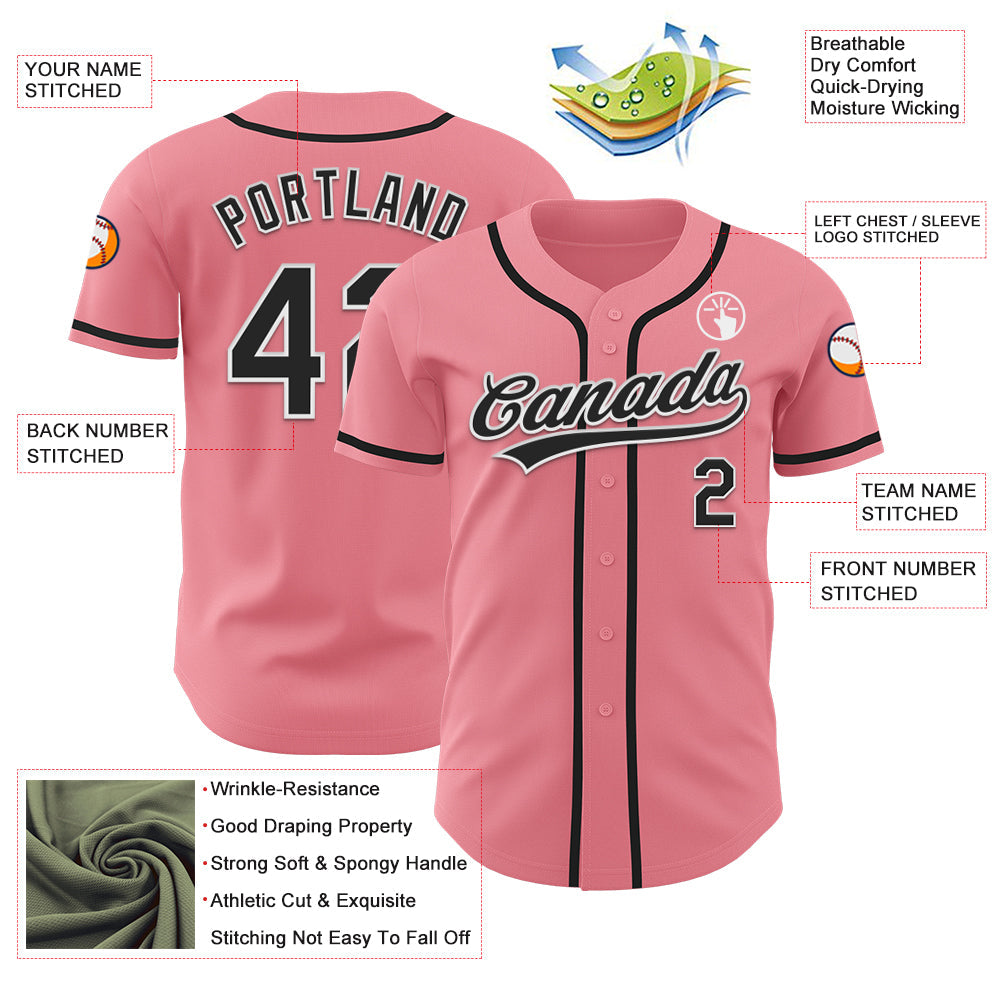 Custom Medium Pink Black-White Authentic Baseball Jersey view 3