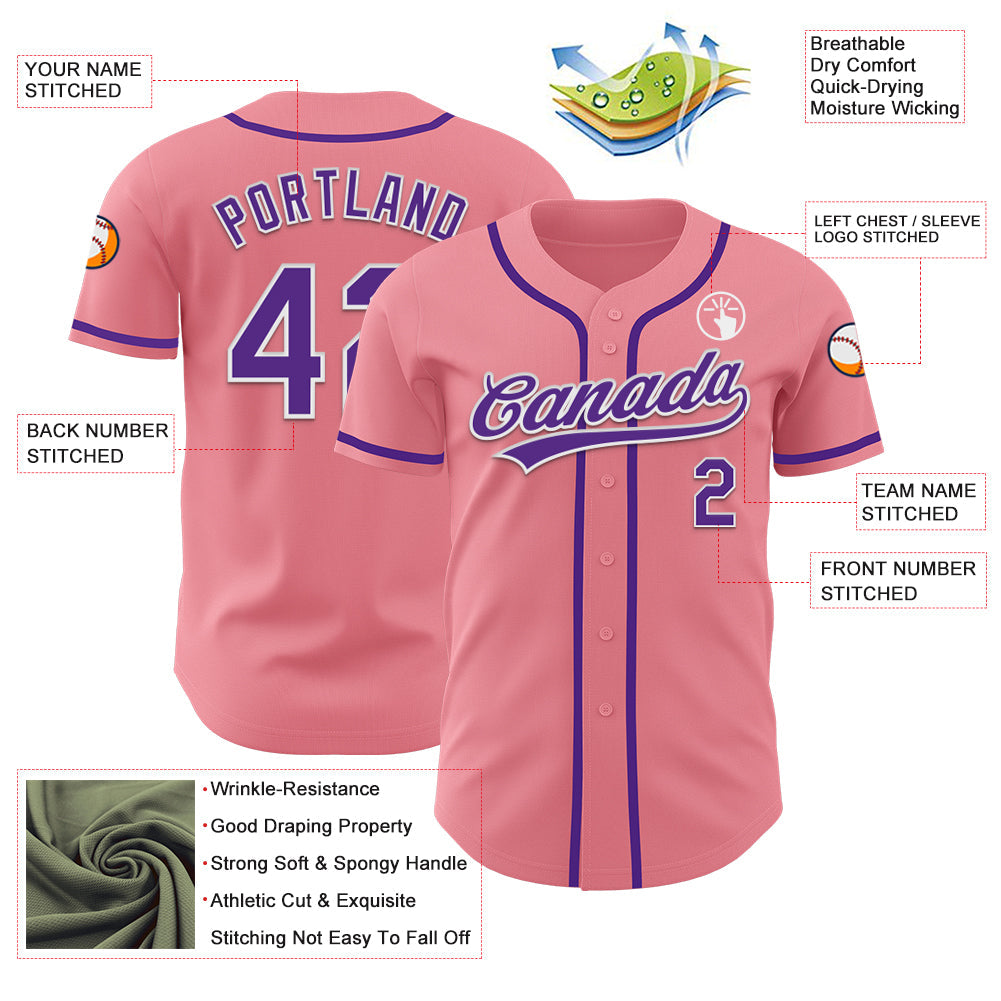Custom Medium Pink Purple-White Authentic Baseball Jersey view 3