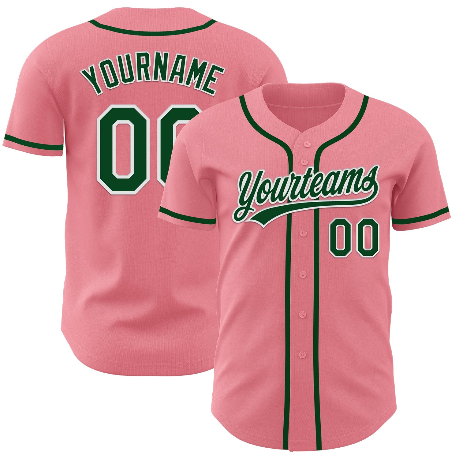 Custom Medium Pink Green-White Authentic Baseball Jersey - Main View
