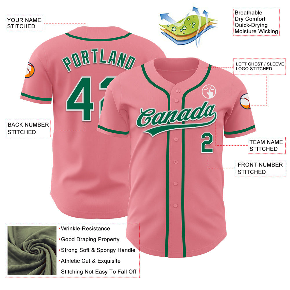 Custom Medium Pink Kelly Green-White Authentic Baseball Jersey view 3