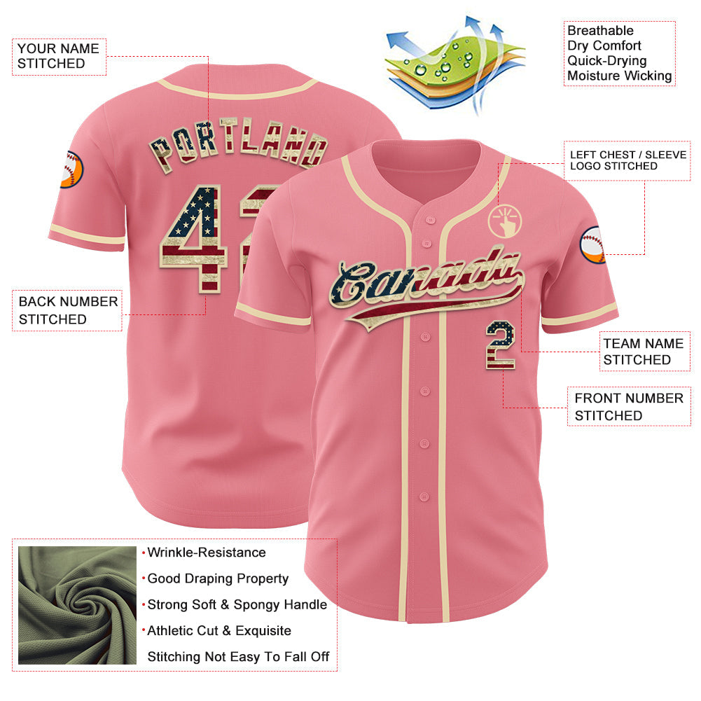 Custom Medium Pink Vintage USA Flag-Cream Authentic Baseball Jersey view 3
