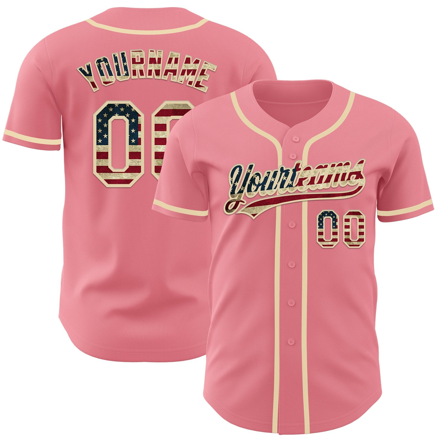 Custom Medium Pink Vintage USA Flag-Cream Authentic Baseball Jersey - Main View
